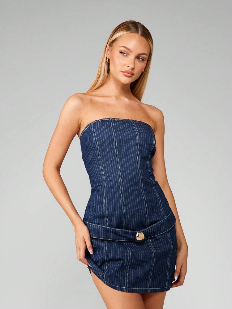 MISSGUIDED Strapless Pinstripe Denim Mini Dress With Belt