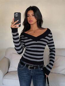 Aloruh Young Lady Off-Shoulder Colorblock Long Sleeve Fitted Cropped Sweater Autumn Winter Clothes For Women - Black - View 6