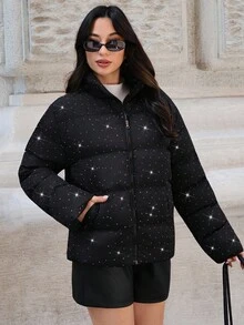 SHEIN Tall 高腰剪裁钻石细节羽绒冬季大衣 - 黑色 - 查看 3