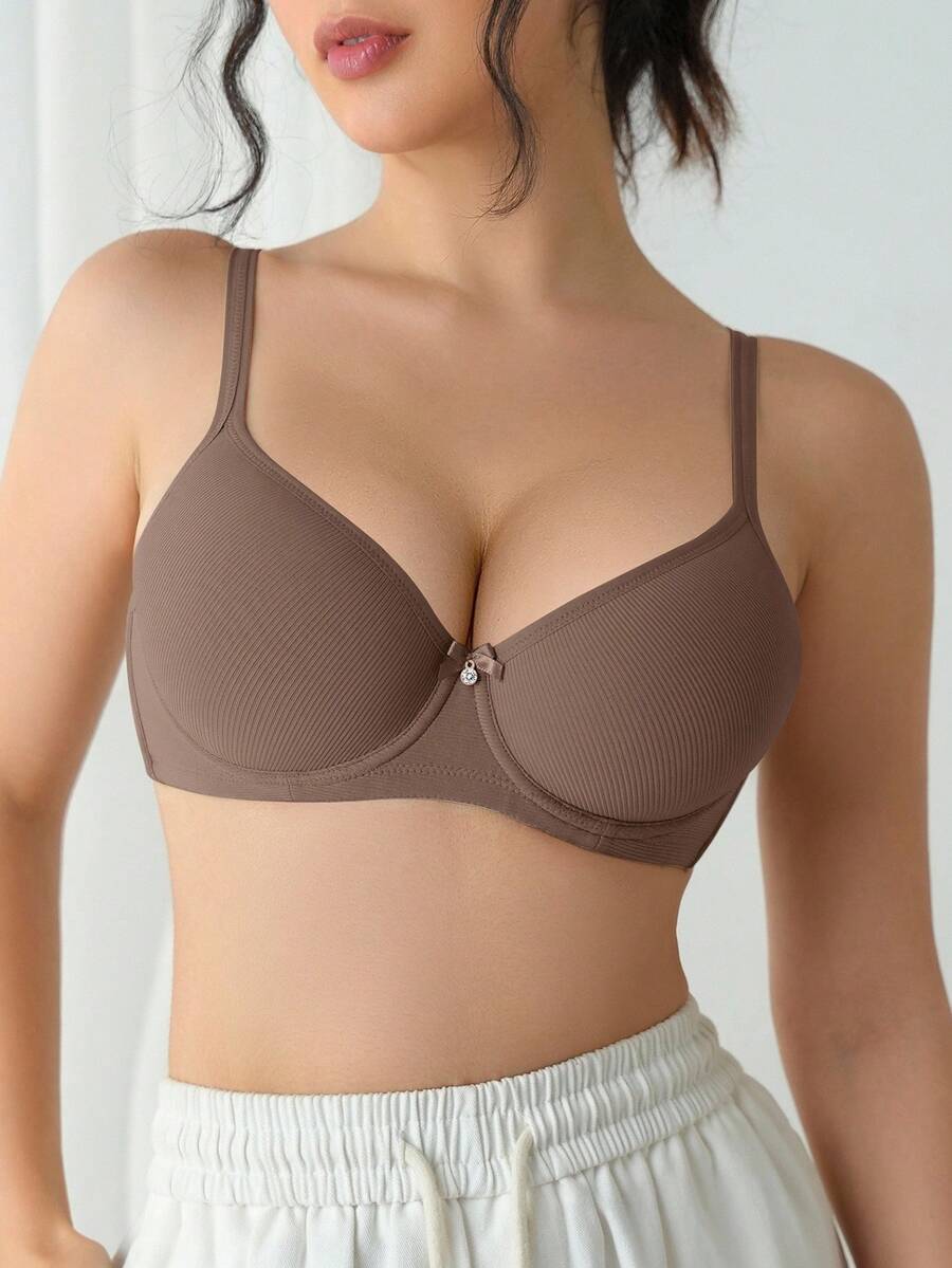 DesireSculpt 1pc Women's Bow Decor Comfortable Underwire Lingerie Bra - Mocha Brown - View 1
