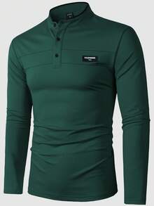 Manfinity Homme 男士纯色立领半开襟长袖时尚Polo衫，绿色，复古风格，适合日常休闲、周末旅行、户外活动、探险旅行、轻松的工作环境或半正式场合，也是送给男友/丈夫、周年纪念日或圣诞节的理想礼物。 - 軍綠色 - 查看 3