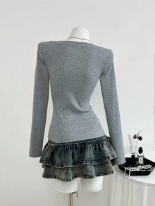 SHEIN Unity Graues geripptes Strick-T-Shirt mit Rundhalsausschnitt, bestickter Pferdetasche, schlanke Passform Langarm Lässig Shirt für Damen, Herbst/Winter, vielseitiger Retro-Stil für Zuhause, Schule, Büro, Alltag - Grau - Übersicht 2