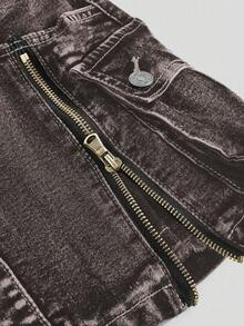 ROMWE Kawaii Chân váy denim mini cạp trễ cổ điển Y2K có khóa kéo - màu nâu - Xem 3