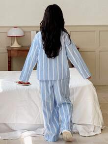 DAZY 女童条纹长袖上衣和裤子睡衣套装，秋季 - 藍色 - 查看 4