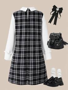SHEIN Explorewe Casuvi 儿童女童秋季连衣裙，拼接二合一格子衬衫领连衣裙，带荷叶边袖口，适合春秋季休闲、返校、度假 - 彩色 - 查看 2