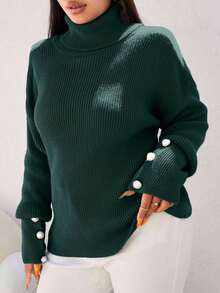 RueChic Plus Size Solid Color Turtleneck Sweater, Casual Autumn/Winter - Dark Green - View 4