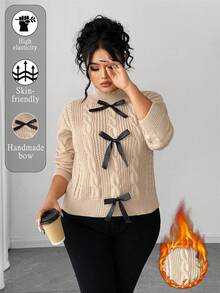 SHEIN Tall CURVE Plus Size Women Solid Color Knitted Stand Collar Bow Decor Long Sleeve Cropped Cute Sweet Pullover Sweater, Winter - Khaki - View 1