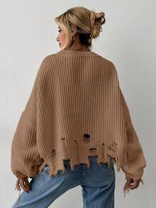 EURMUSE Women's Solid Color Round Neck Fringe Long Lantern Sleeve Fashionable Sweater Fall - Beige - View 2