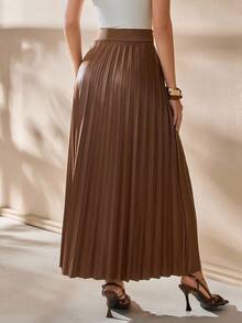 CLARA VERO 女士素色高腰百褶优雅半身裙 - 摩卡棕 - 查看 2