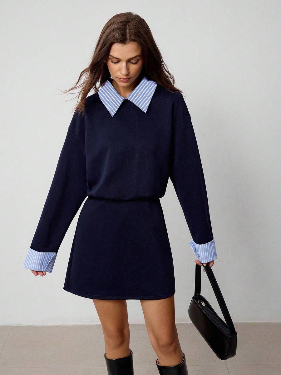 Hanevo Collared Striped Patchwork Long Sleeve Sporty Casual Collegiate Style Dress For Women Fall Cloth For Women