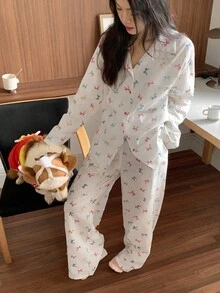 DAZY Bow All-Over Print Women Pajama Set Fall Winter Clothes - Apricot - View 6