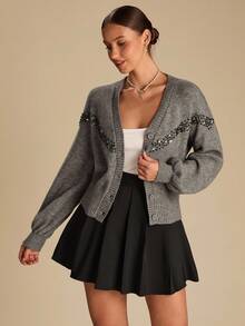 Enchnt Cardigan lavorato a maglia con scollo a goccia, maniche lunghe e perline, casual, adatto per l'autunno, da donna