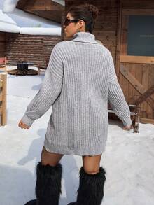 SHEIN EZwear Plus Size Loose Turtleneck Lantern Sleeve Chunky Knit Sweater Dress, Fall/Winter Autumn - Light Grey - View 8