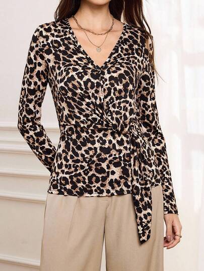  Miaspire Women's Wrap-Style Tie-Up Leopard Print T-Shirt, Elegant Autumn Tops,Chic Women's Tee Leopard Print Top Animal Print Top Cheetah Print Top Long Sleeve Top V-Neck Top,Wrap-Style Slim-Fit Top