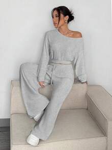 SHEIN EZwear 2件套女士斜肩上衣和裤子套装 - 灰色 - 查看 5