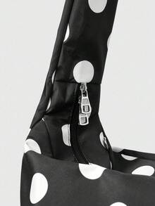 ROMWE Anime 复古简约黑白波点女士大容量单肩包休闲手提包适合日常通勤旅行等 - 黑色 - 查看 5