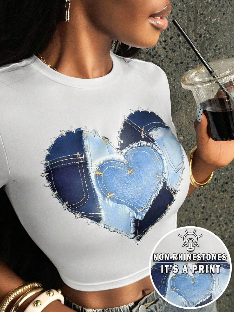 INAWLY Solva Women's Heart Print Round Neck Short Sleeve Cropped Casual T-Shirt