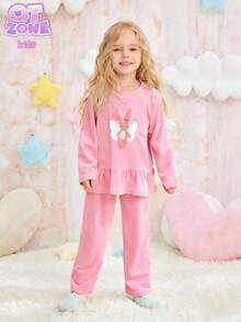 少女简约兔子刺绣长袖上衣和裤子羊毛休闲两件套睡衣套装，浅蓝色 - 粉色 - 查看 3