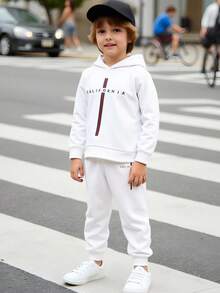 2pcs Toddler Boys' Casual Striped & Letter Print Hoodie Sweatshirt And Pants Set, Classic All-Match Outfit For Autumn/Winter - White - View 3