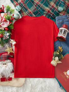 SHEIN Essnce Camiseta suelta de mujer de cuello redondo de manga corta con estampado minimalista casual de muñeco de nieve, adecuada para el verano