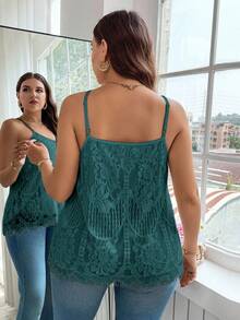 SHEIN Clasi Camisola de renda elegante de cor sólida plus size - Verde escuro - Ver 2