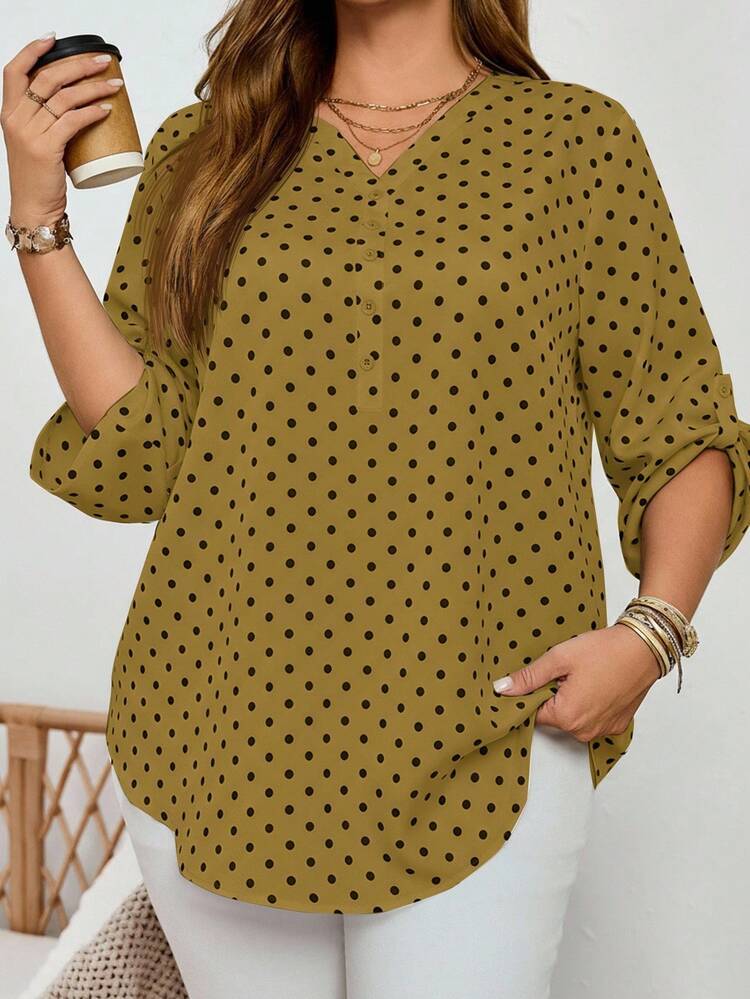 Blusa informal de mujer talla grande con estampado de lunares, cuello con muesca y mangas enrolladas para otoño