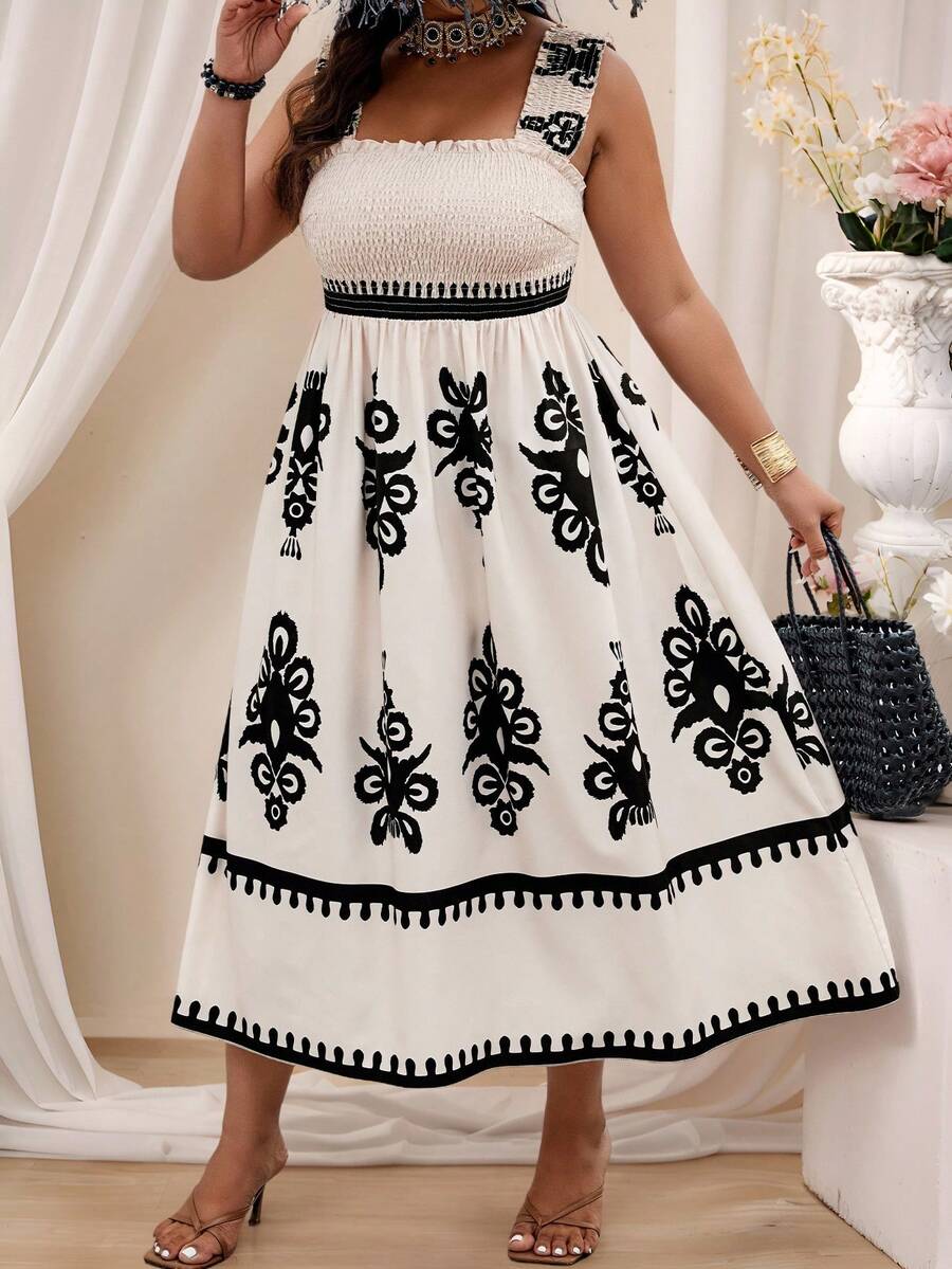 SHEIN Clasi 大码复古印花褶皱连衣裙长款女装