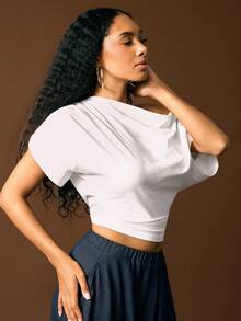 Vixey Top tricoté avec détail de drapé et de rassemblement à l'épaule en mélange de coton - Blanc - Voir 5