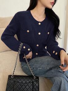 DAZY Áo khoác cardigan tay dài đơn hàng khuy đơn màu trơn cho nữ, mùa thu - Màu xanh hải quân - Xem 3
