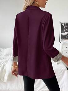 Franclia Blazer casual con puños a cuadros franceses y ajuste ligero para mujer, adecuado para ir al trabajo y el verano - Rojo violeta - Ver 2