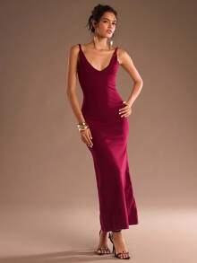 SHEIN Glamour Elegantes rotes rückenfreies Twist-Strickkleid für Herbst/Winter, Unterziehshirt zum Layering - Bordeaux - Übersicht 6