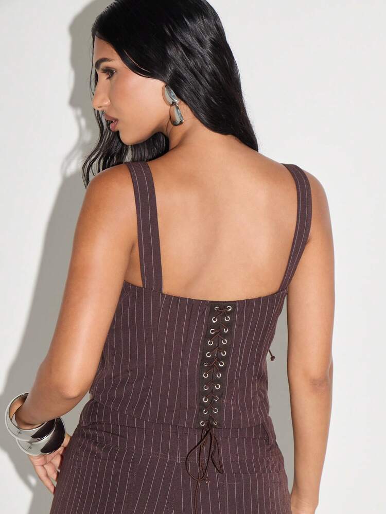 KIZN Pinstripe Corset Top With Side Cutouts And Lace Up Back