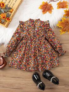 SHEIN Baby Girl Elegant Floral Print Long Sleeve Ruffle Hem Dress Autumn/Winter - Multicolor - View 2