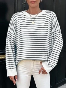 EURMUSE Women's Stripe Drop Shoulder Sweater - Grey - View 3