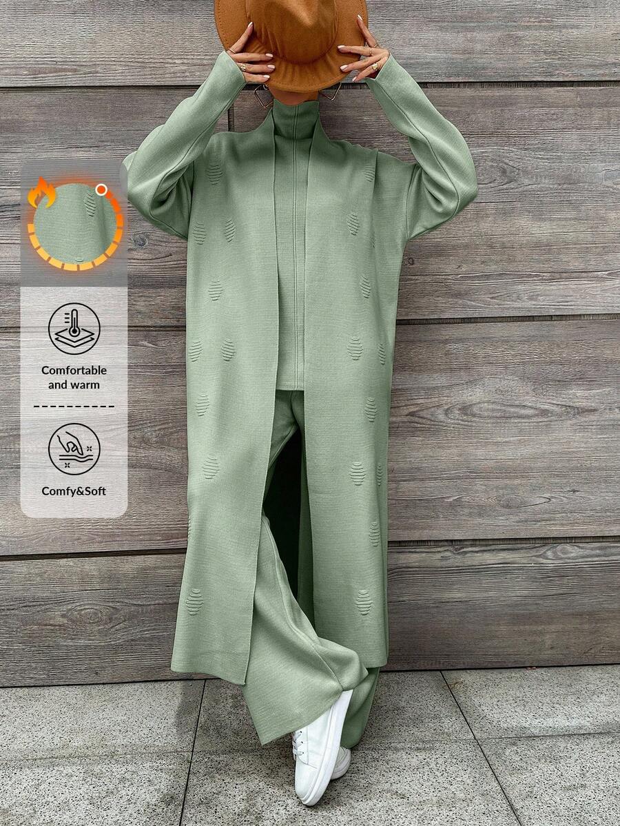 EURMUSE Bộ trang phục 3 món áo len cổ lọ màu trơn thường ngày cho nữ, áo len cardigan dài và quần dài, mùa thu/đông - Màu xanh Bạc hà - Xem 1