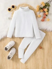 SHEIN 2件套少女纯色针织立领休闲T恤和裤子套装 - 白色 - 查看 2