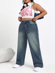 SHEIN CURVE+ Jeans casual con tasche e gamba ampia, taglie comode