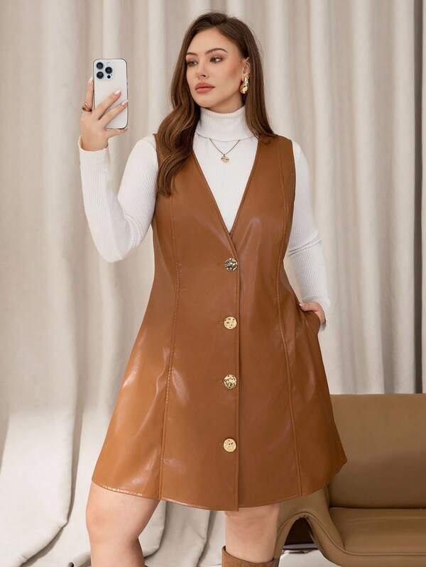 Auralis Vestido casual holgado con botones al frente y sin mangas para mujer de talla grande