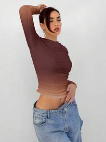 Aloruh Elegant Ladies Brown Gradient Print Round Neck Long Sleeve Versatile Autumn And Winter Bottoming Pullover T-Shirt,  Brown Long Sleeve Top - Brown - View 4