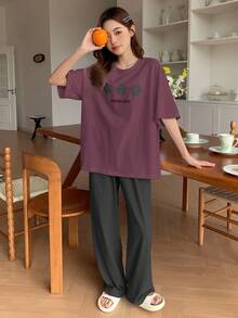 DAZY 2 件套女士休闲星星印花宽松短袖上衣和裤子睡衣套装 - 紫色 - 查看 3