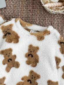SHEIN 2pcs/Set Teen Girl Cute Bear Pattern Crew Neck Long Sleeve Top And Soft Fleece Pajama Pants, Comfortable Sleepwear Set For Autumn/Winter Fuzzy Pajamas Fluffy Pajamas Teen Girl Fluffy Matching Pjs Bear Clothes Teddy Bear Pajamas Fall Bear Print Pajamas Fluffy Pajama Pants - Mocha Brown - View 3