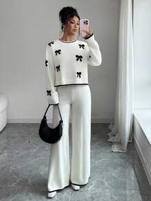 SHEIN Elenzya 女士宽松休闲圆领蝴蝶结提花毛衣和阔腿裤两件套，秋冬 - 杏色 - 查看 6