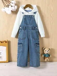 2025 秋冬新款男童深蓝色多口袋牛仔工装裤，时尚宽松直筒连体裤，舒适柔软面料，适合休闲、学校、派对、度假牛仔工装裤，适合 4 岁男童 - 深色水洗藍 - 查看 3