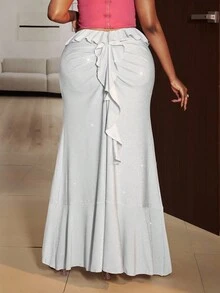 Maweii Plus Size Elastic Waist Double Layer Ruffle Hem Slit Skirt Fall Cloth For Women - White - View 4