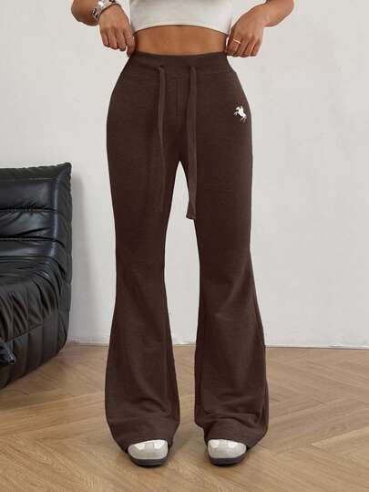 SHEIN EZwear Women's Casual Versatile Embroidered Drawstring Waist Flare Sweatpants Brown Pants Flared Sweatpants Brown Bottoms Women Bell Bottom Pants,Fall,Fall Clothes For Women
