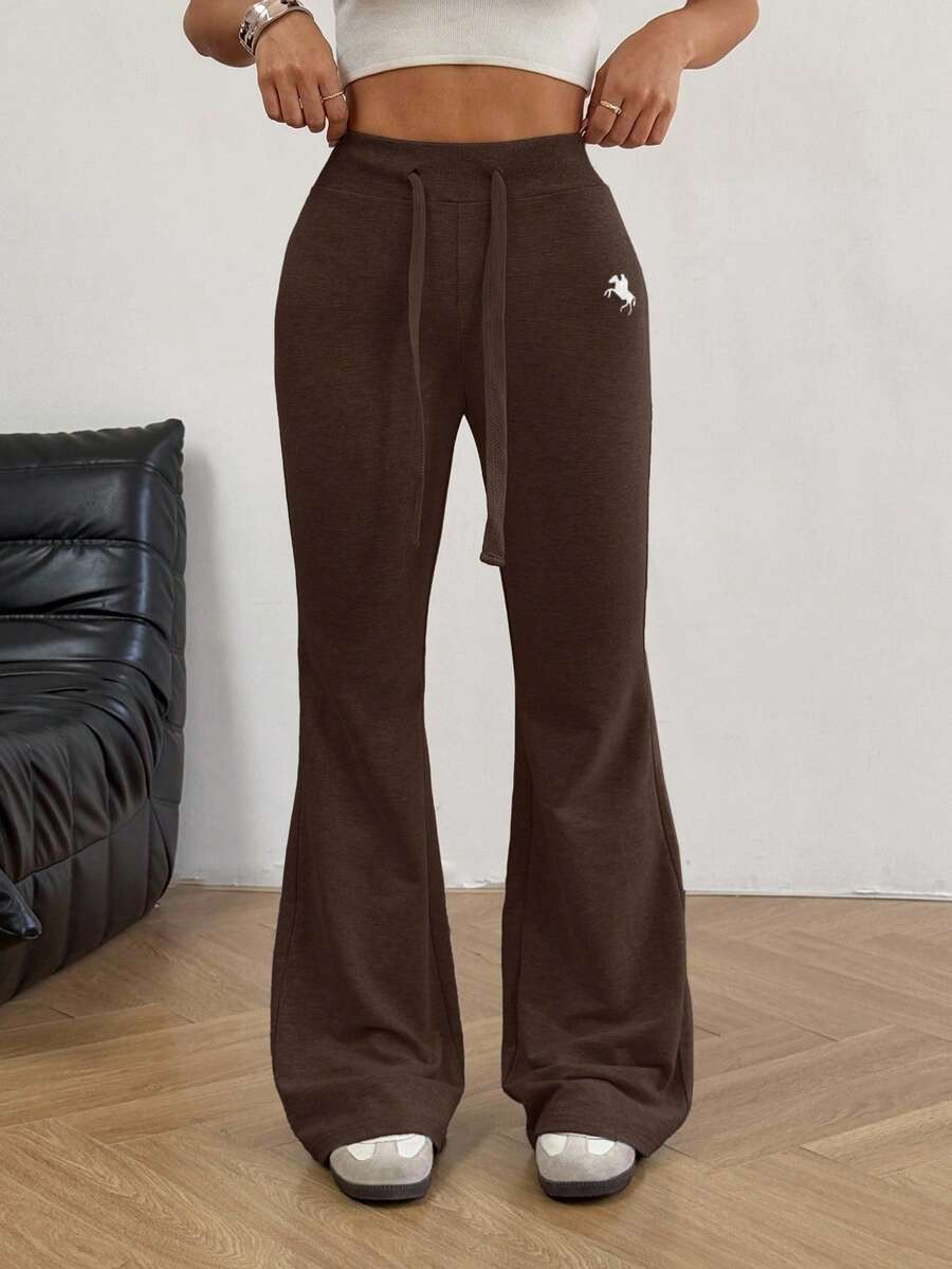 SHEIN EZwear Women's Casual Versatile Embroidered Drawstring Waist Flare Sweatpants Brown Pants Flared Sweatpants Brown Bottoms Women Bell Bottom Pants,Fall,Fall Clothes For Women - Brown - View 1