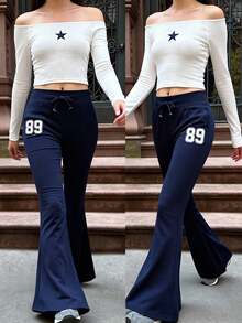 SHEIN Teen Girls Off Shoulder Long Sleeve T-Shirt & Printed Pants Co-Ord Set Pants And Top Set Bell Bottoms Girl 2 Piece Set Teen Two Piece Long Sleeve Set Breezy Two Piece Teen Set Girls Pants And Top Fall Winter - Blue and White - View 6