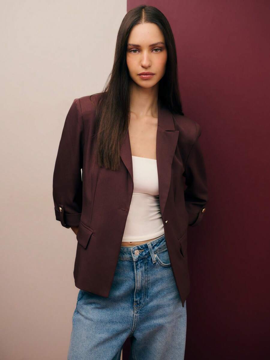 Nöista Elegant Burgundy Brown Tailored Blazer,Relaxed Fit Classic Lapels Three-Quarter Sleeves Summer Office Casual Fall Back To School Boho Holiday Blazer - Coffee Brown - View 1