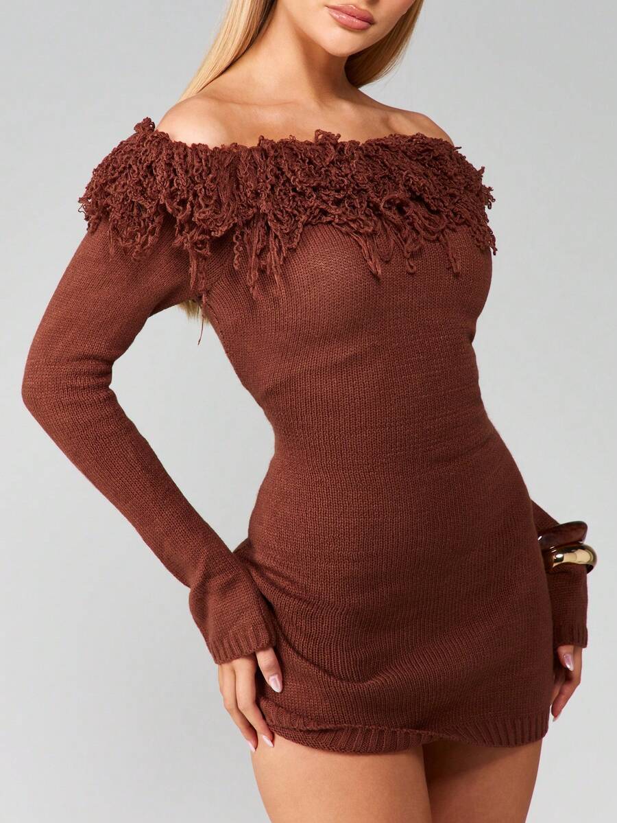 MISSGUIDED Knitted Off Shoulder Mini Dress With Fringe Trim Bell Sleeves Bodycon Winter Fall Holiday Party Evening Club Sweater Dress,XS