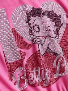 Betty Boop | ROMWE 大码 Y2K 字母图案水钻装饰卫衣和裤子 2 件套 - 粉色 - 查看 4